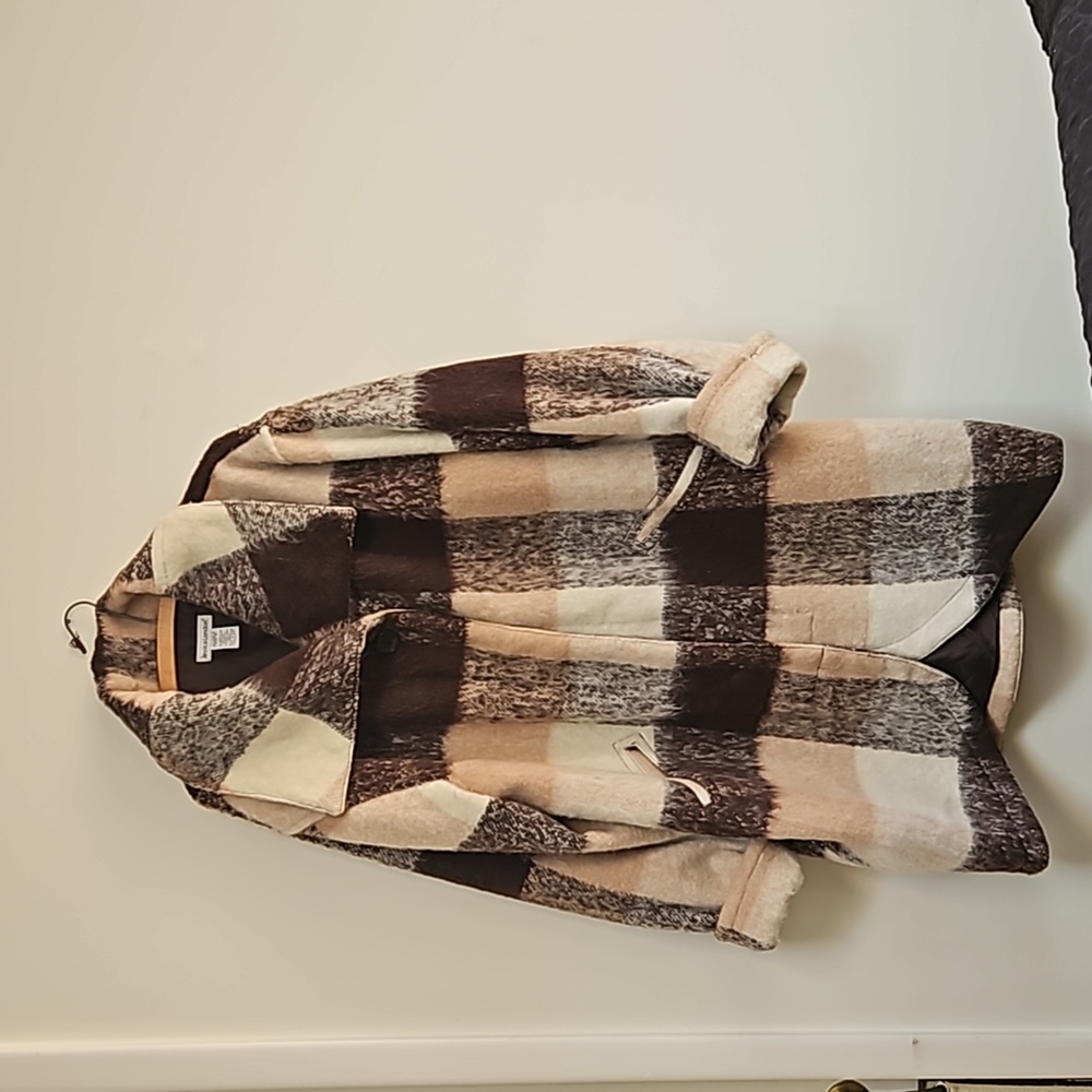 Toasty Warm Jessica London Beige Brown and White Plaid Polyester/Wool Coat Sz 14